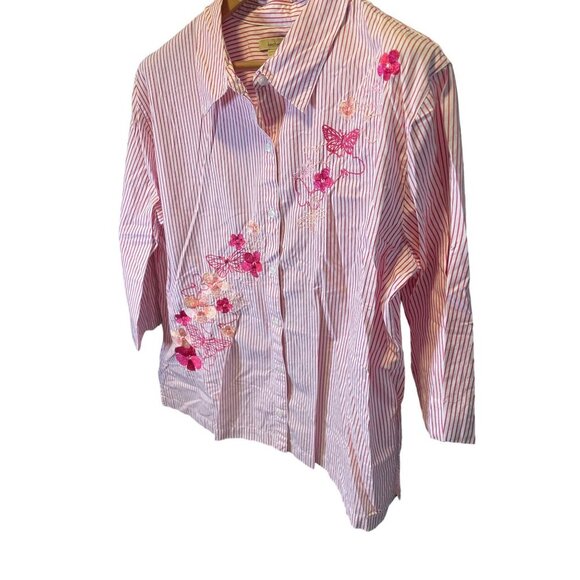 Bechamel Pink White Striped Floral Embroidered 3/4 Sleeve Button Up Top Sz XL - Picture 3 of 7